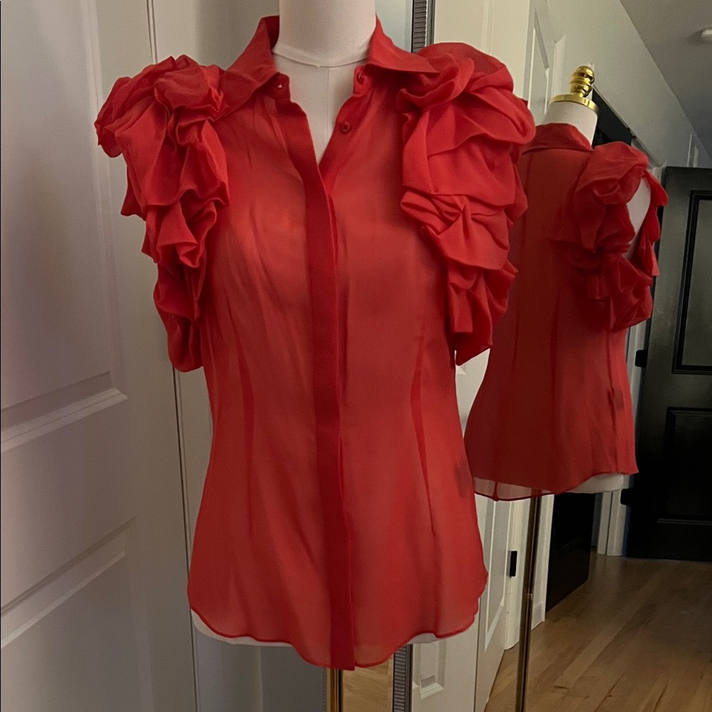Rachel Zoe Vibrant Coral Silk Ruffle Shoulder Blouse